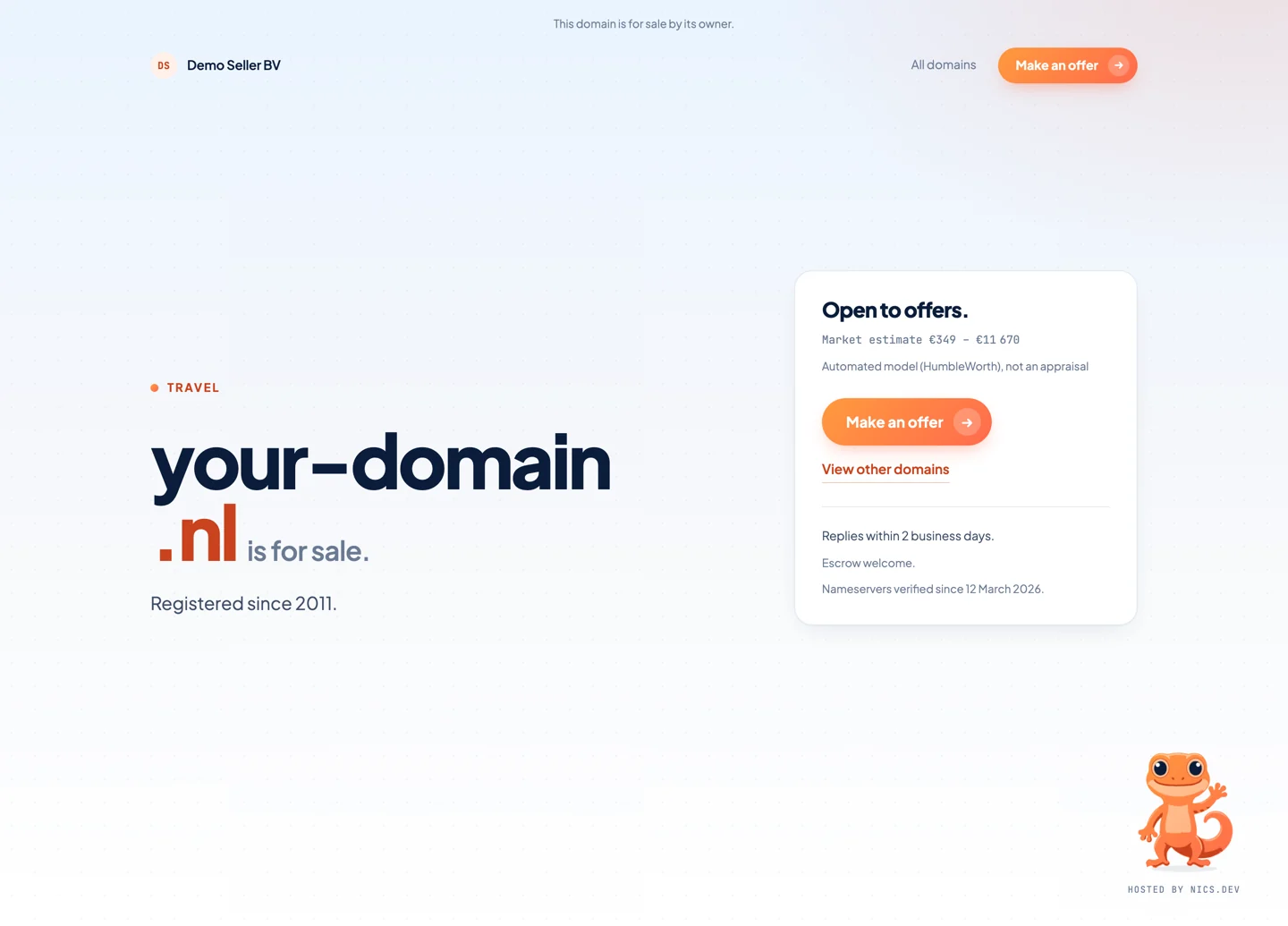 The for-sale page a buyer sees: the domain name, the price card with the market estimate, the reply promise, escrow and the date the nameservers were verified, and a make-an-offer button.