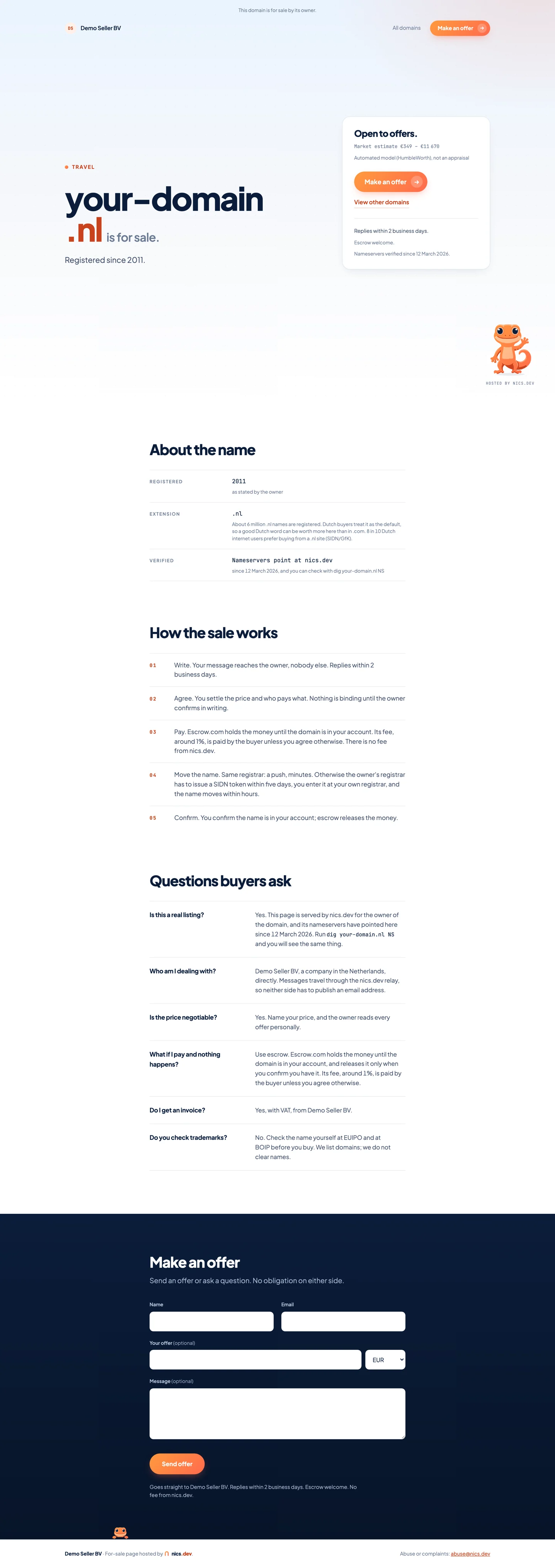 The whole for-sale page from top to bottom: the name and its price card, the sourced facts about the name, the five steps of a sale, the questions buyers ask, and the offer form on a navy band at the end.